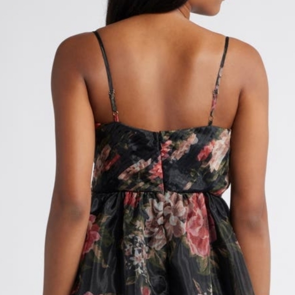 LULUS ORGANZA COCKTAIL DRESS BLACK FLORAL SIZE SMALL - Picture 3 of 15